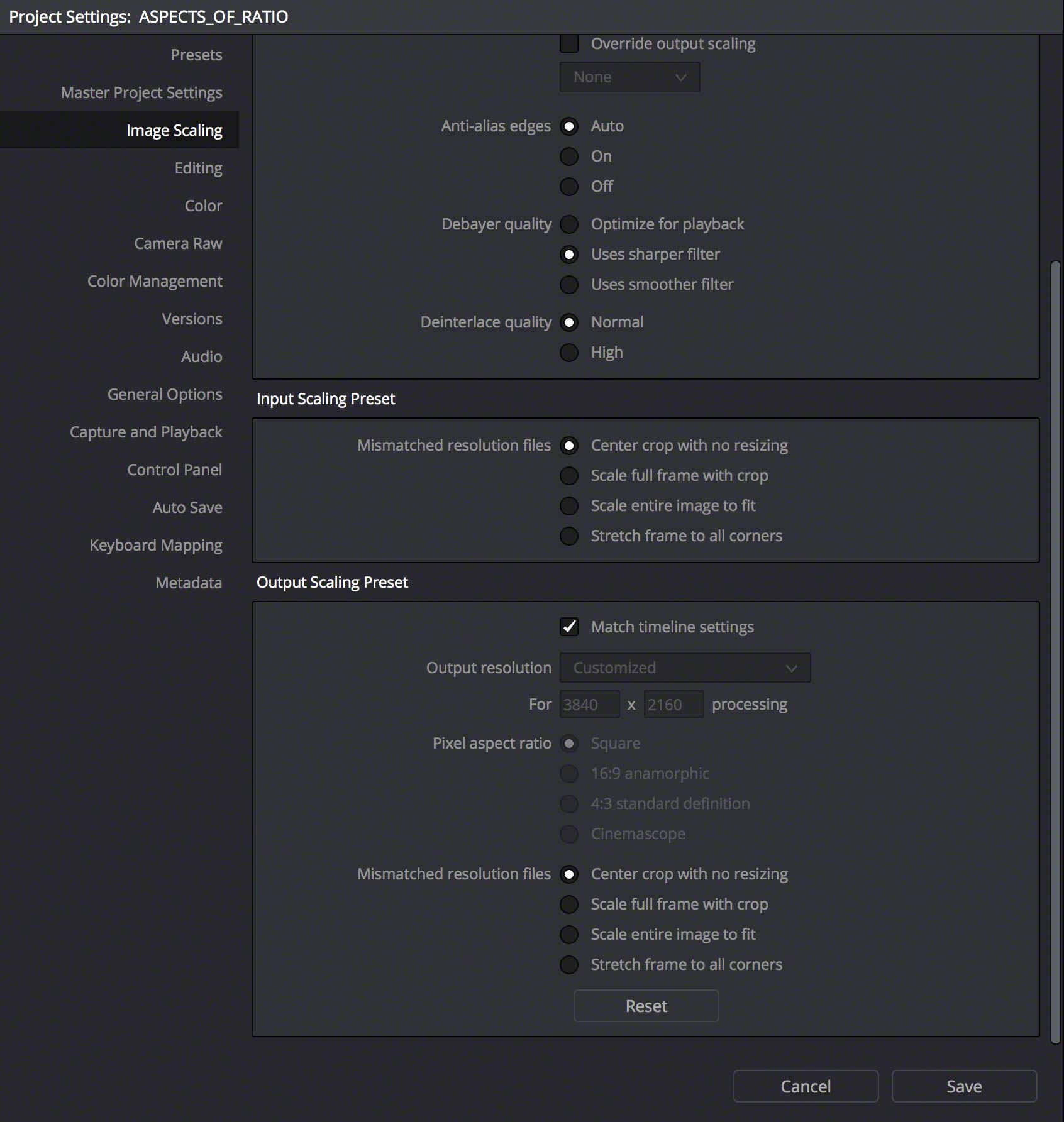 RESOLVE SCALING SETTINGS